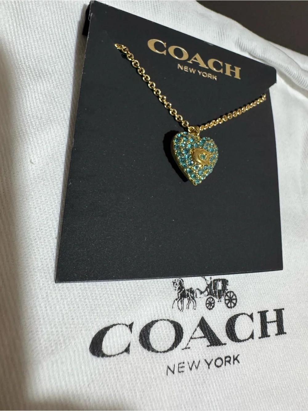 COACH Gold-Tone Necklace with Aqua Crystal Heart Pendant